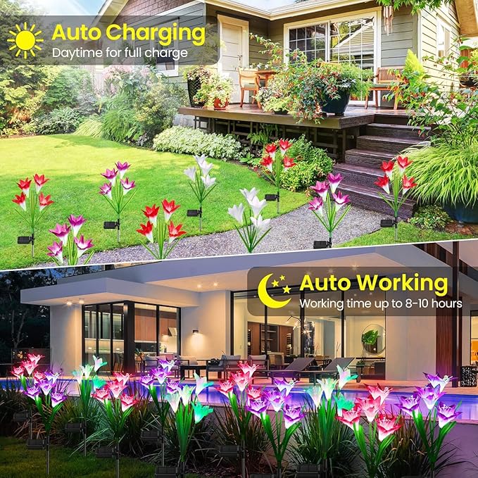KOOPER Outdoor Solar Lights, 8 Pack Solar Garden Lights with Bigger Lily Flowers, Waterproof 7 Color Changing Outdoor Lights - Bigger Solar Panel for Outdoor Patio Yard Garden Decoration