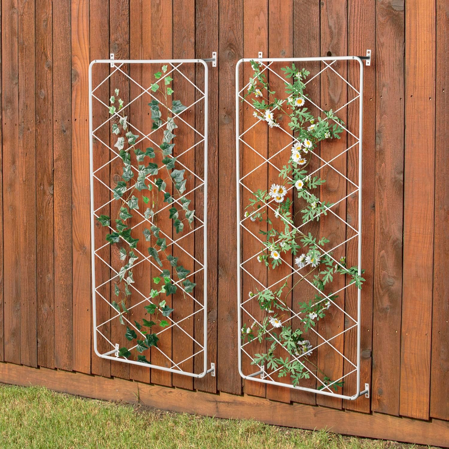 MyGift 50 by 24 Inch Wall Mounted Garden Trellis with White Metal Diamond Screen, Hanging Lattice Support Frame for Outdoor or Indoor Climbing Plant Vines, Set of 2 Panels