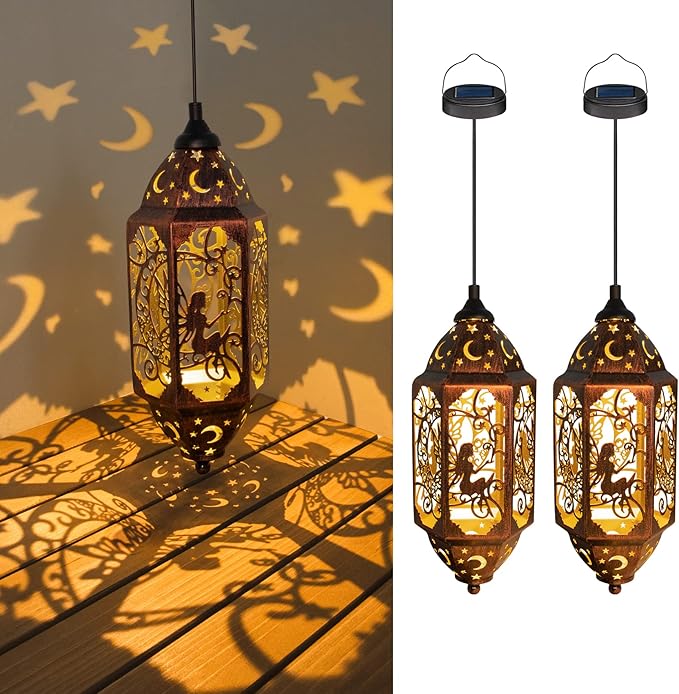 Go2garden 12.4" Outdoor Solar Lanterns Waterproof Garden Gifts Women, Moon Fairy Statue Solar Haning Lights for Patio, Yard Decorations, Mothers Day Gifts for Mom, Grandma(2Pack, Red Copper)