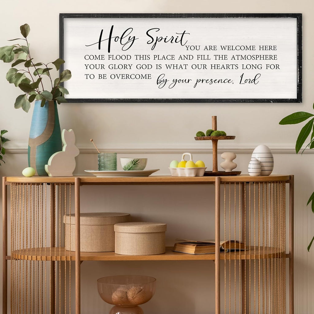 Holy Spirit You are Welcome Here Wall Decor Art 32x12 Inch Large Christian Song Bible Verse Plaque Wood Framed Sign Living Room Scripture Quote Religious For Office Wall Hanging (Black)