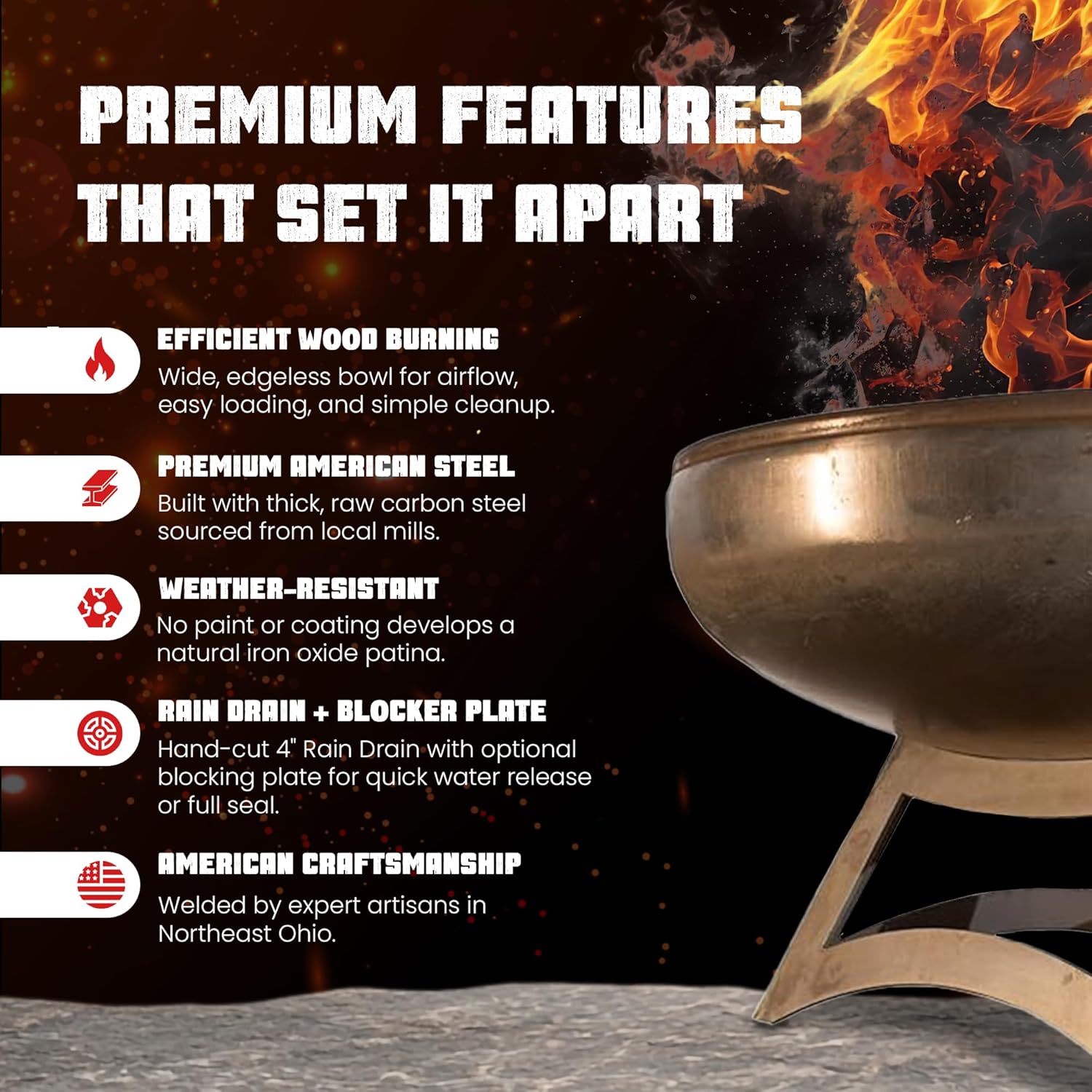 Liberty Fire Pit – Ohio Flame Wood Burning Outdoor Fire Pit - 24" Diameter with Hollow Base (Made in USA)