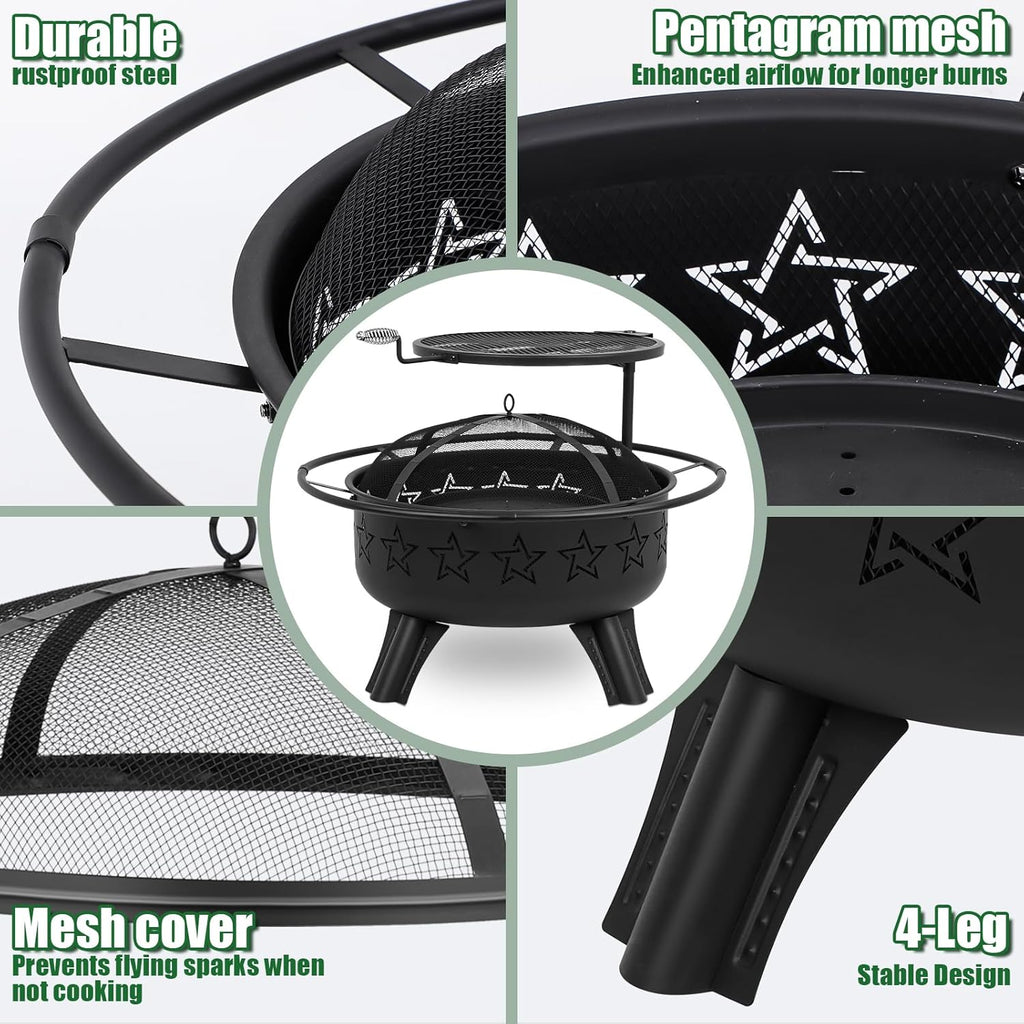 31" 2-in-1 Wood Burning Fire Pit with Swivel BBQ Grills & Spark Screen for Outside - Heavy Duty Outdoor Firepit with Charcoal Pan, Log Rack & Poker - for Backyard, Patio, Garden Bonfire