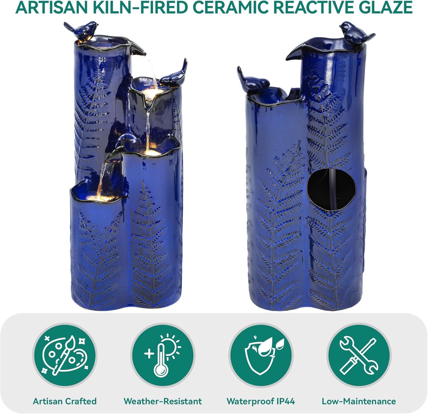 32" H Ceramic Outdoor Water Fountain with LED Lights, 4-Tier Vase Outdoor Fountain, Cobalt Blue Glaze, Embossed Fern Pattern, Cascading Waterfall for Tranquil Garden, Patio, or Porch