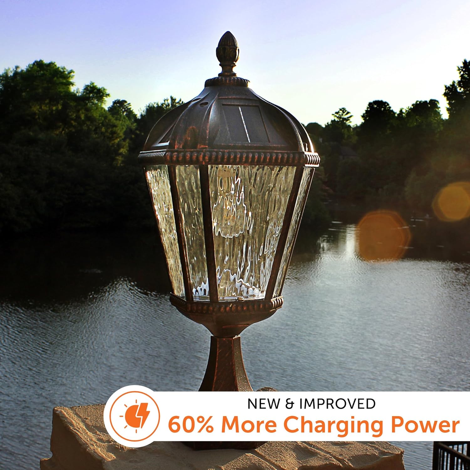 Gama Sonic Outdoor Solar Post Light with Pier Base, Brushed Bronze Finish Aluminum and Rain Glass, Royal Bulb 150 Lumens Warm White LED, Mount on Column or Flat Surface 98B111 Upgraded Panel