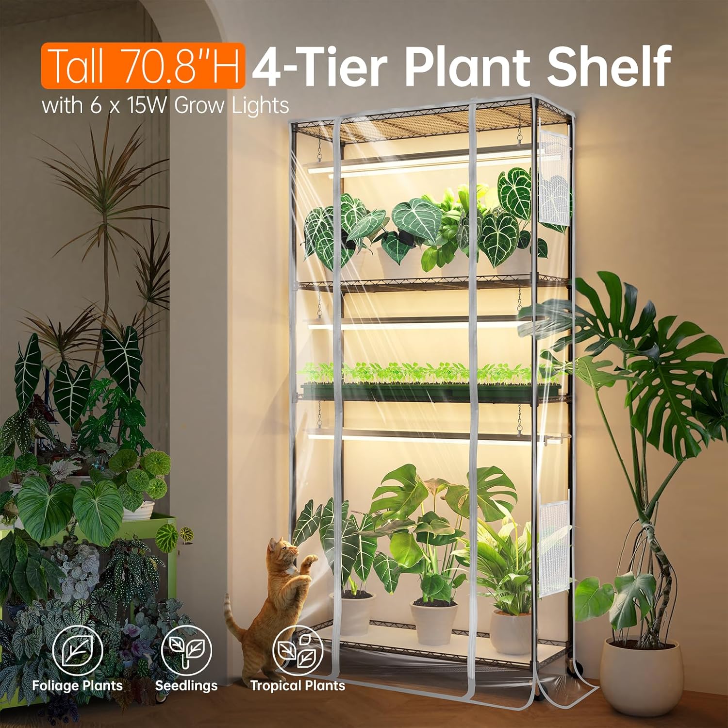 Indoor Greenhouse with Grow Light, Tall Green house with 6 Pack T5 Full Spectrum Plant Lights with Timer, Plant Shelf with Tent for Indoor Plant, Seed Starting, Seed Tray, 35.4"x13.8"x70.8"