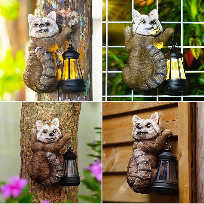Raccoon Tree Hungger with Solar Lantern - 7.4 Inch Raccoon Outdoor Statue for Garden Yard Decor Outside,Best Garden Gifts for Mom,Women