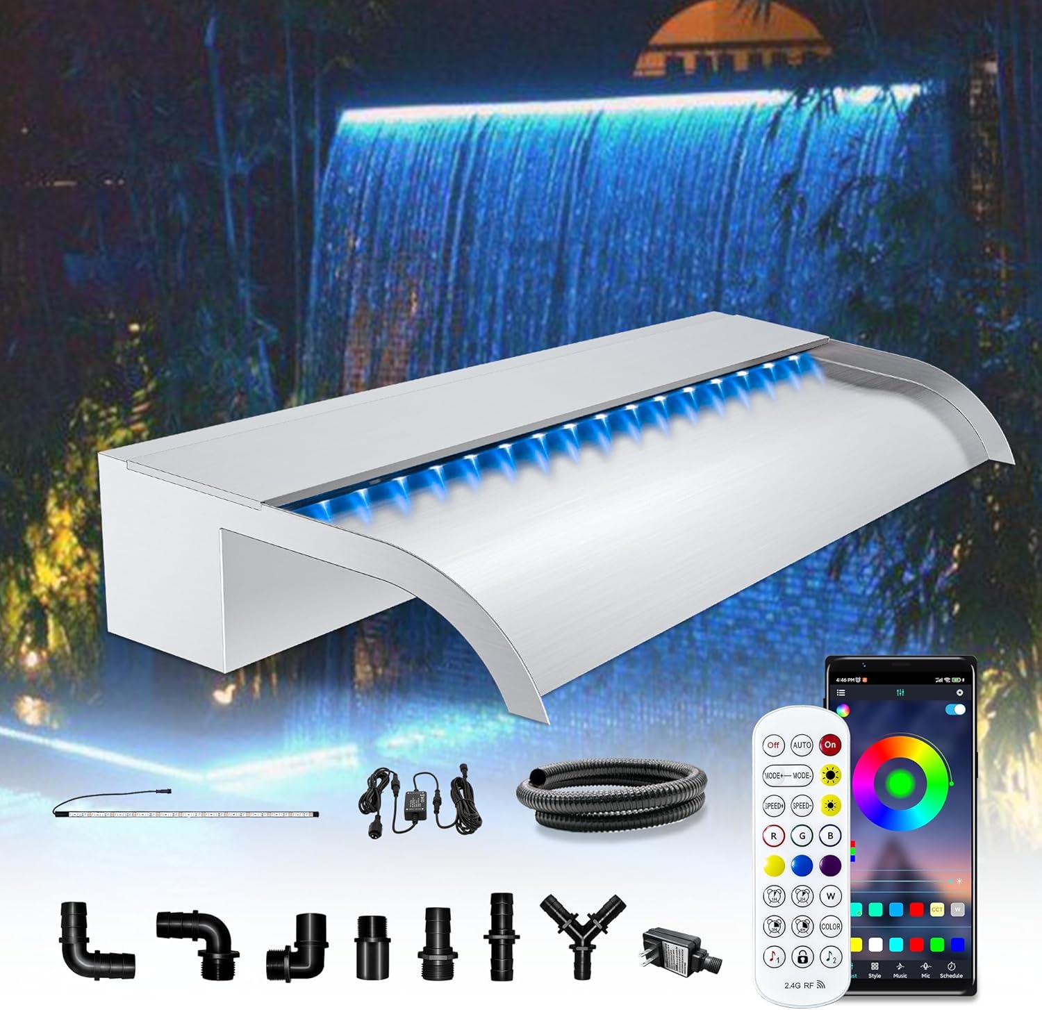 Waterfall Pool Fountain, LONGRUN Stainless Steel Waterfall Spillway for Pools and Ponds - 23.6" Wide Decorative Water Feature for Swimming Pools, Koi Ponds, and Garden