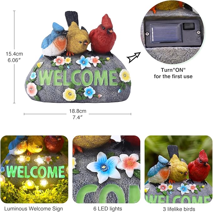 Solar Birds Welcome Sign - Outdoor Bird Decor with Solar LED Lights - Elegant and Charming Figurines for Women, Moms & Garden Enthusiasts