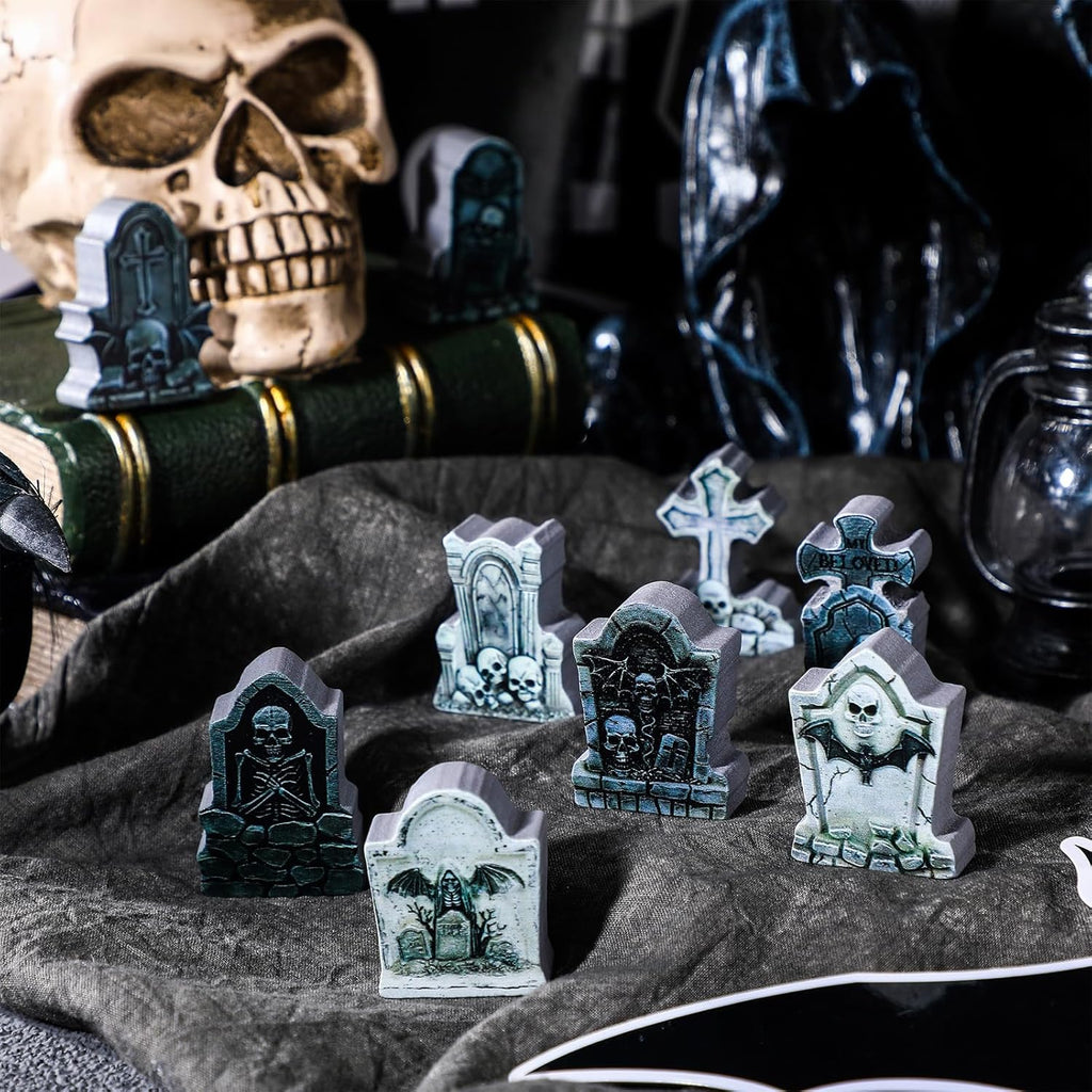 Kathfly 9 Pieces Halloween Miniature Tombstones Mini Village Tombstones Halloween Figurines Miniature Spooky Town for DIY Crafts Outdoor Home Garden Decor(Double Color Style)