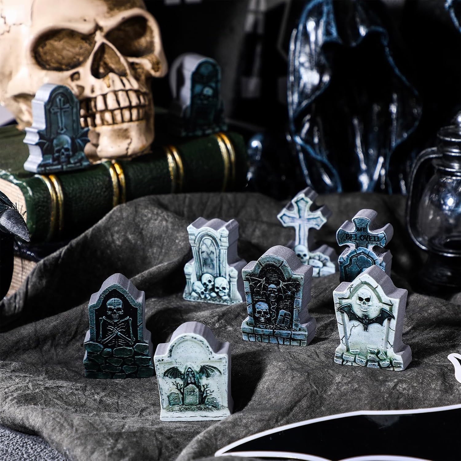 Kathfly 9 Pieces Halloween Miniature Tombstones Mini Village Tombstones Halloween Figurines Miniature Spooky Town for DIY Crafts Outdoor Home Garden Decor(Double Color Style)