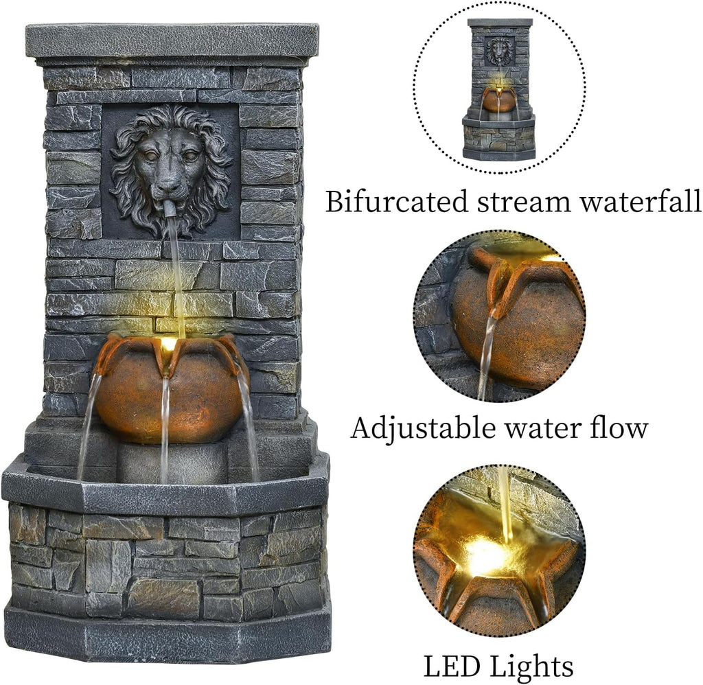 26'' Outdoor Garden Floor-Standing Water Fountain Lion Head Stone with Lights Outdoor Waterfall for Patio, Backyard, Deck, Porch and Home Art Decor