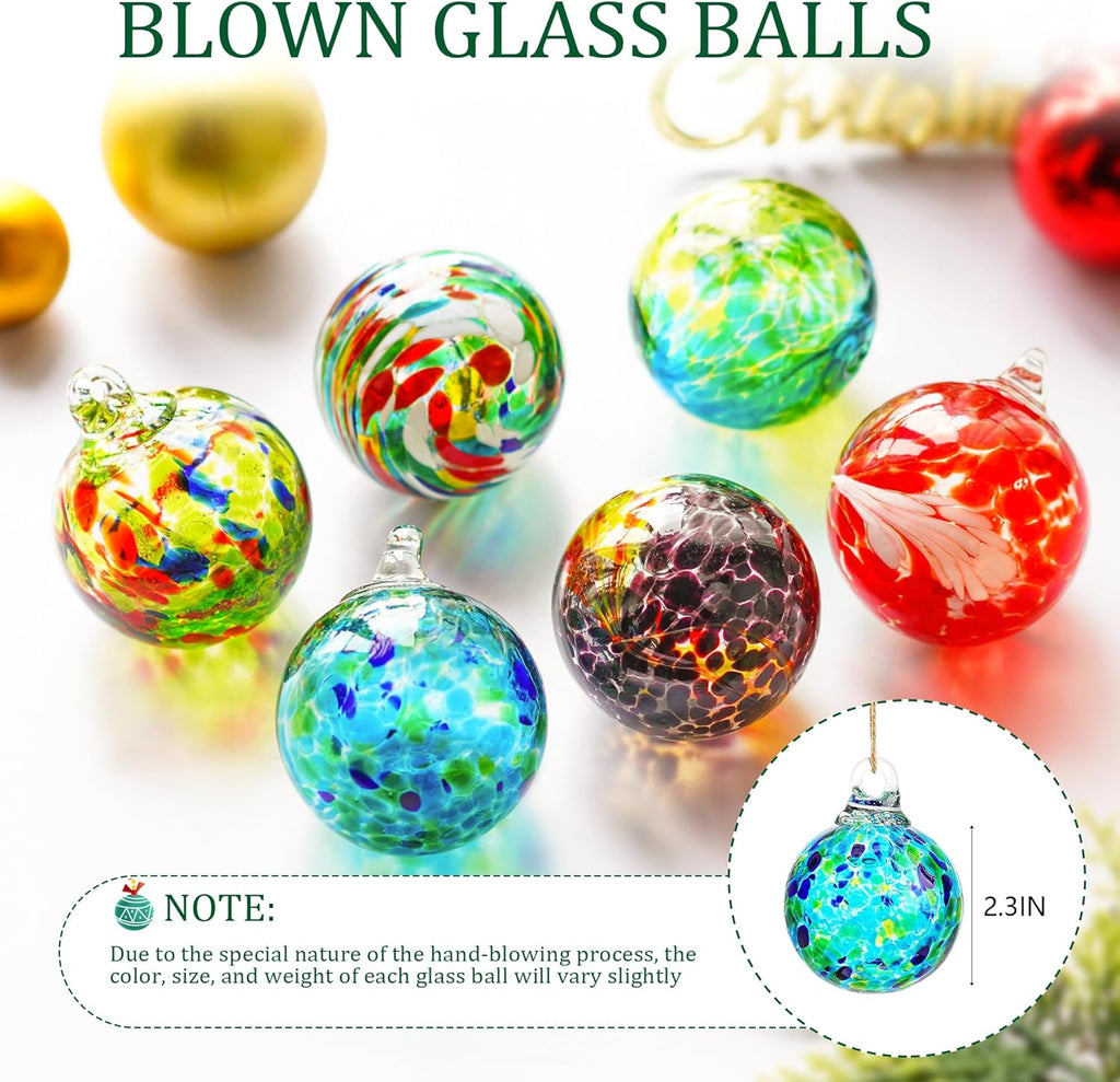 QFkris 6 Pack Hand Blown Glass Ornament for Christmas Tree, 2.3" Hanging Gazing Ball Witch Balls Glass Friendship Gift for Indoor Window Garden Outside Home Decor for Women