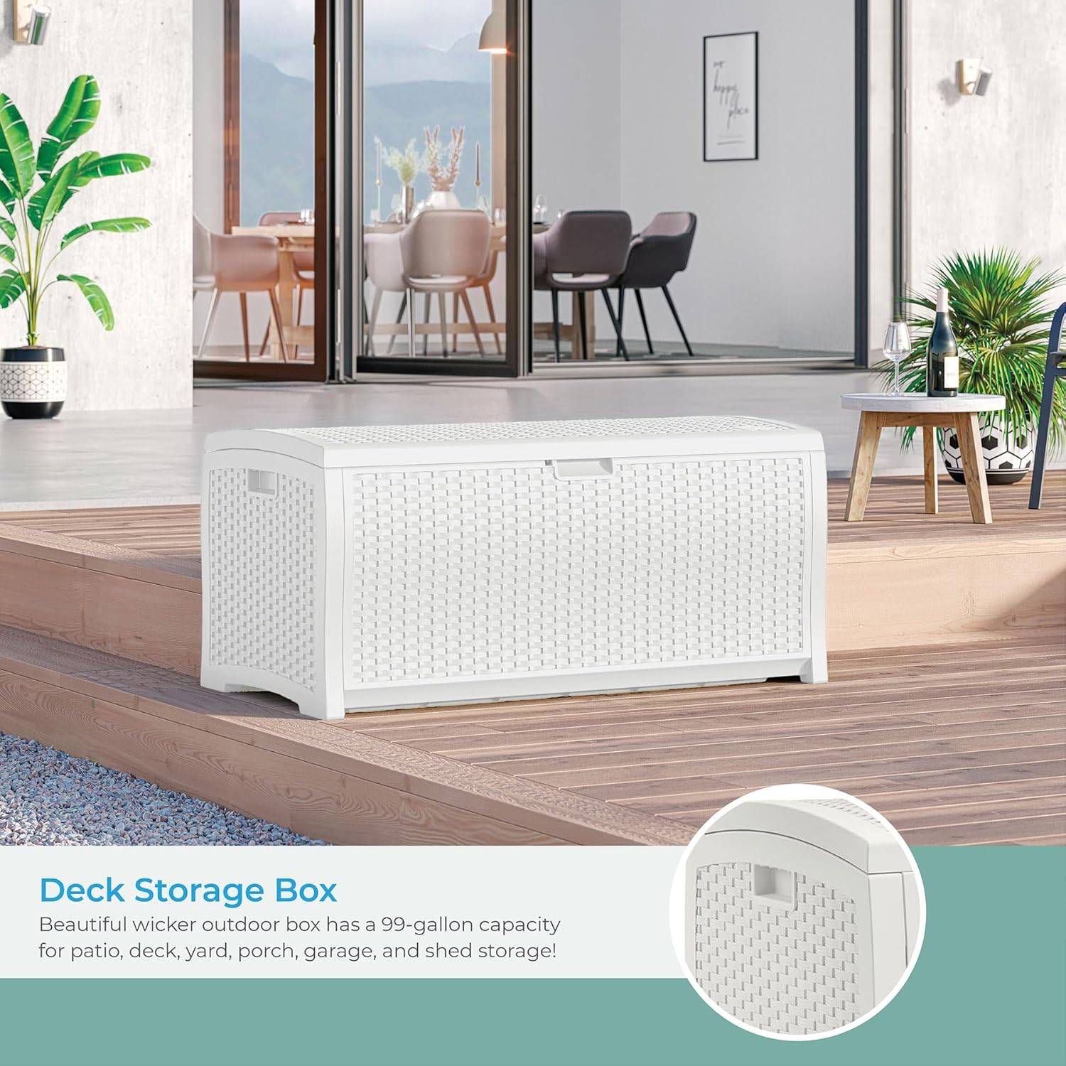 Suncast 99 Gallon Wicker Horizontal Outdoor Deck Box with Hinged Lid, Water-Resistant Storage Solution for Patio, Deck, Yard, and Garage, White, Made in the USA
