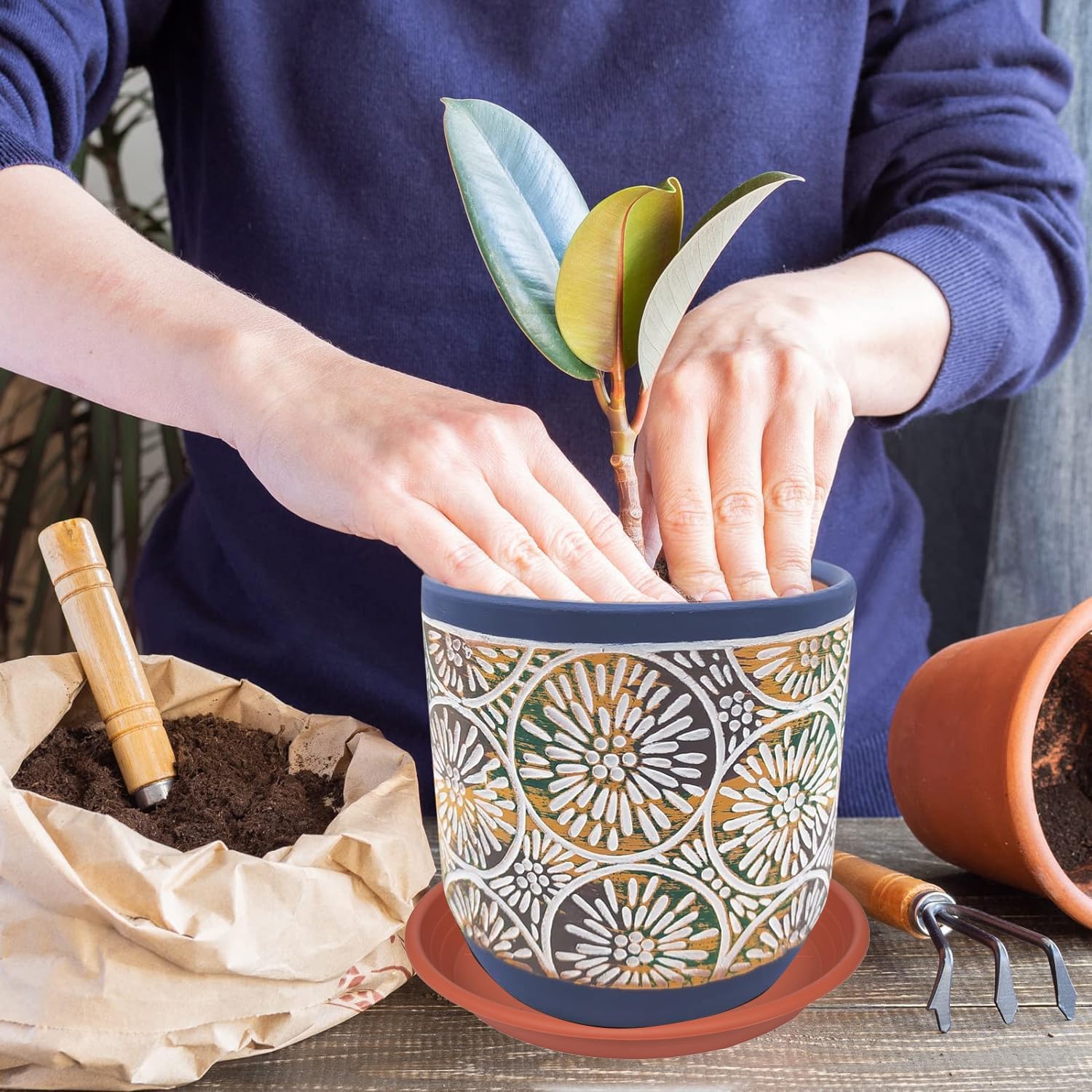 2 Pack of 22 inch Extra Large Plant Saucer, Extra-Deep 3.4" Plant Tray, Bird Bath Bowls for Garden, Plastic Pot Trays for Indoors Outdoors, Water Catcher for Gallon Grow Bags 19-22" (22", Terracotta)