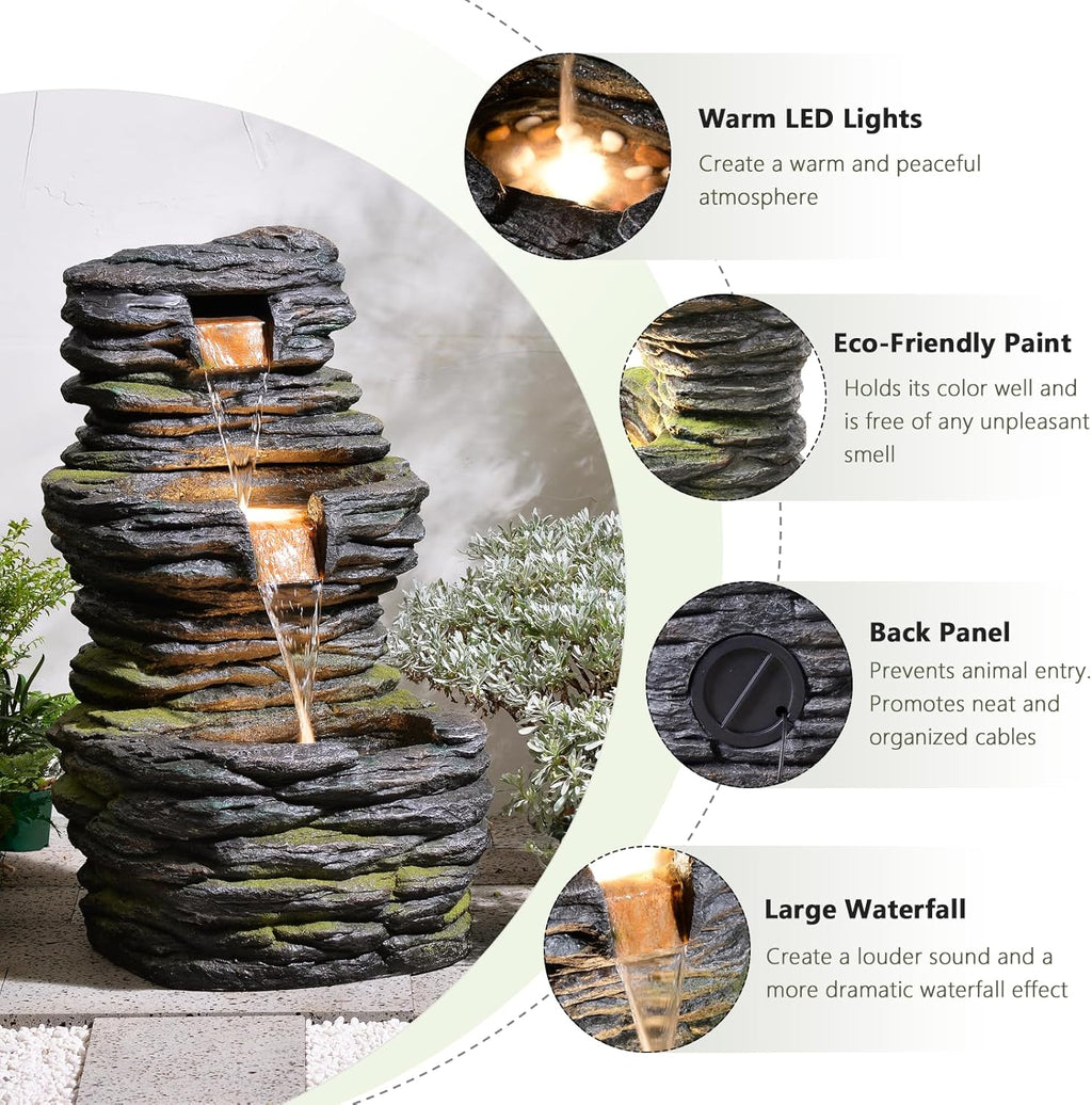 28.8” Tall Rock Water Fountain Outdoor Garden, 3-Tiers Cascading Rock Natural Waterfall Fountains with LED Lights, Indoor Resin Water Feature Fountain for Patio, Garden and Backyard, Deck, Porch, Home
