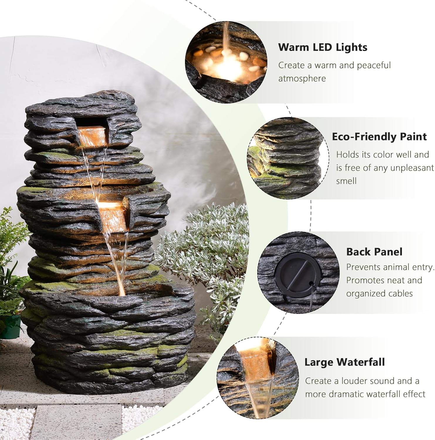28.8” Tall Rock Water Fountain Outdoor Garden, 3-Tiers Cascading Rock Natural Waterfall Fountains with LED Lights, Indoor Resin Water Feature Fountain for Patio, Garden and Backyard, Deck, Porch, Home