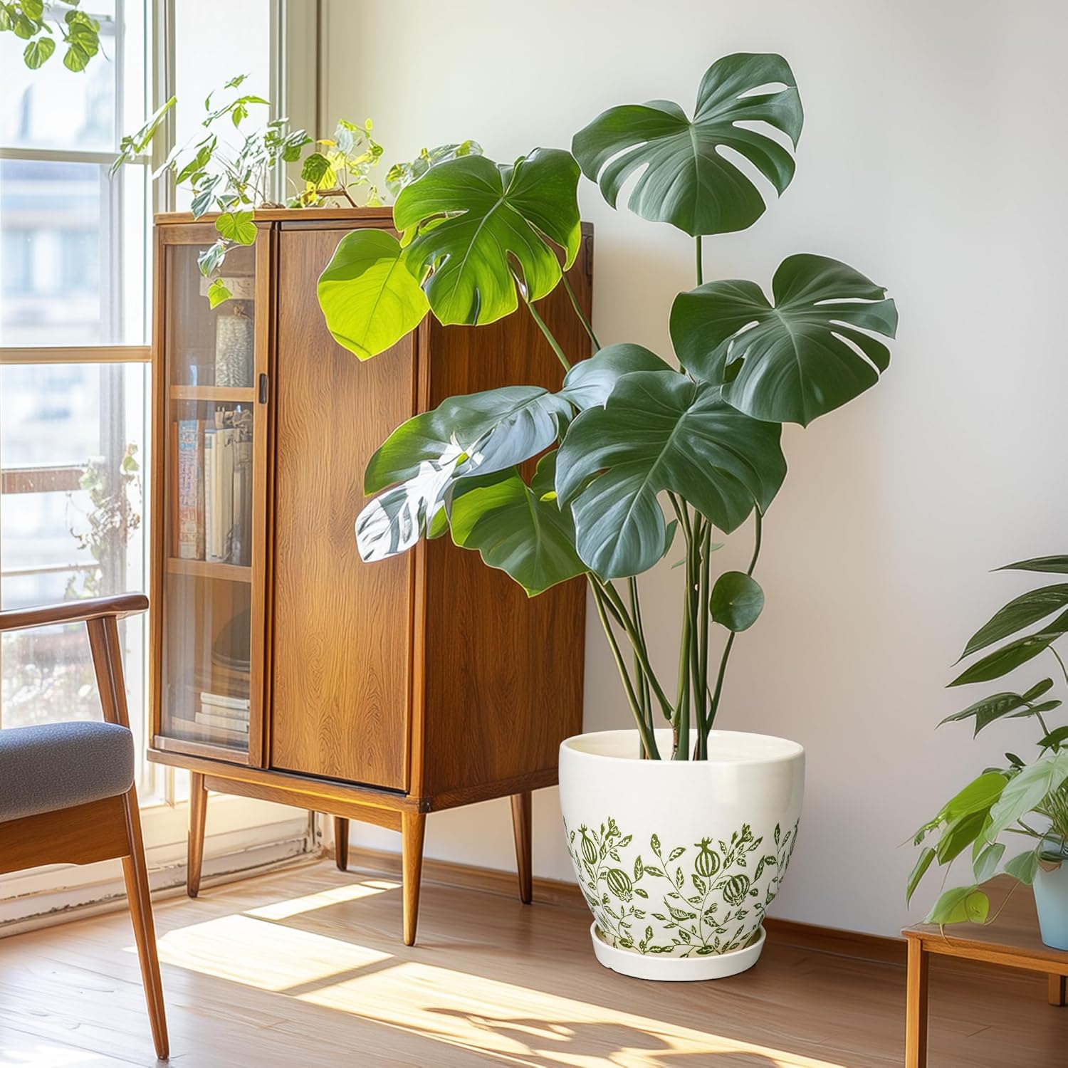 10 Inch Plant Pot - Ceramic Planter with Drainage Hole and Saucer, Boho Round Decorative Flower Pot for Indoor Plants, Housewarming Gifts, Office Garden Home Outdoor Decor, White