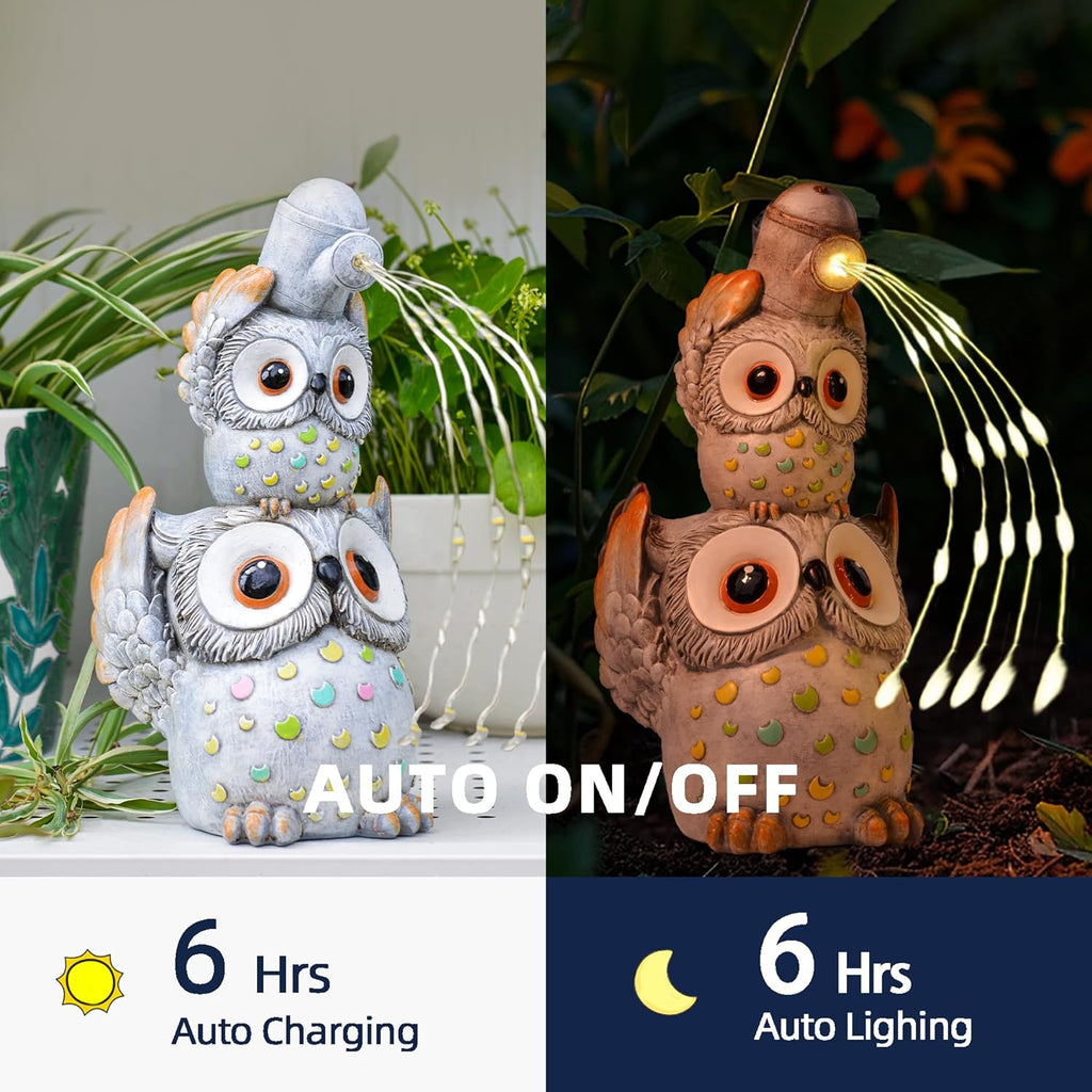 Solar Garden Statues Outdoor Decor, Watering Owl Statue Garden Decor, Resin Yard Decorations Outdoor for Patio, Porch, Balcony, Lawn Ornaments, House Warming Birthday Gifts for Mom Women Grandma