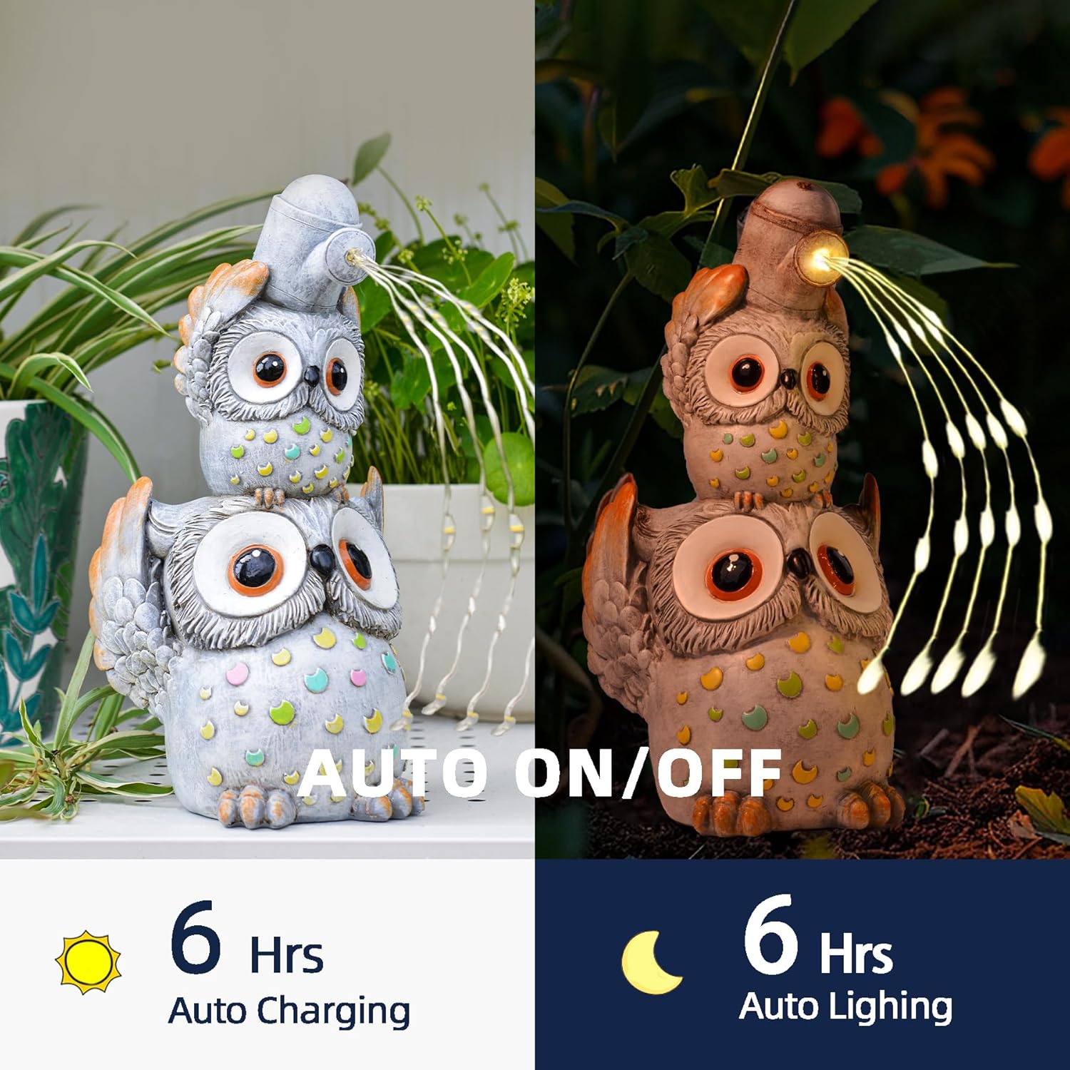 Solar Garden Statues Outdoor Decor, Watering Owl Statue Garden Decor, Resin Yard Decorations Outdoor for Patio, Porch, Balcony, Lawn Ornaments, House Warming Birthday Gifts for Mom Women Grandma