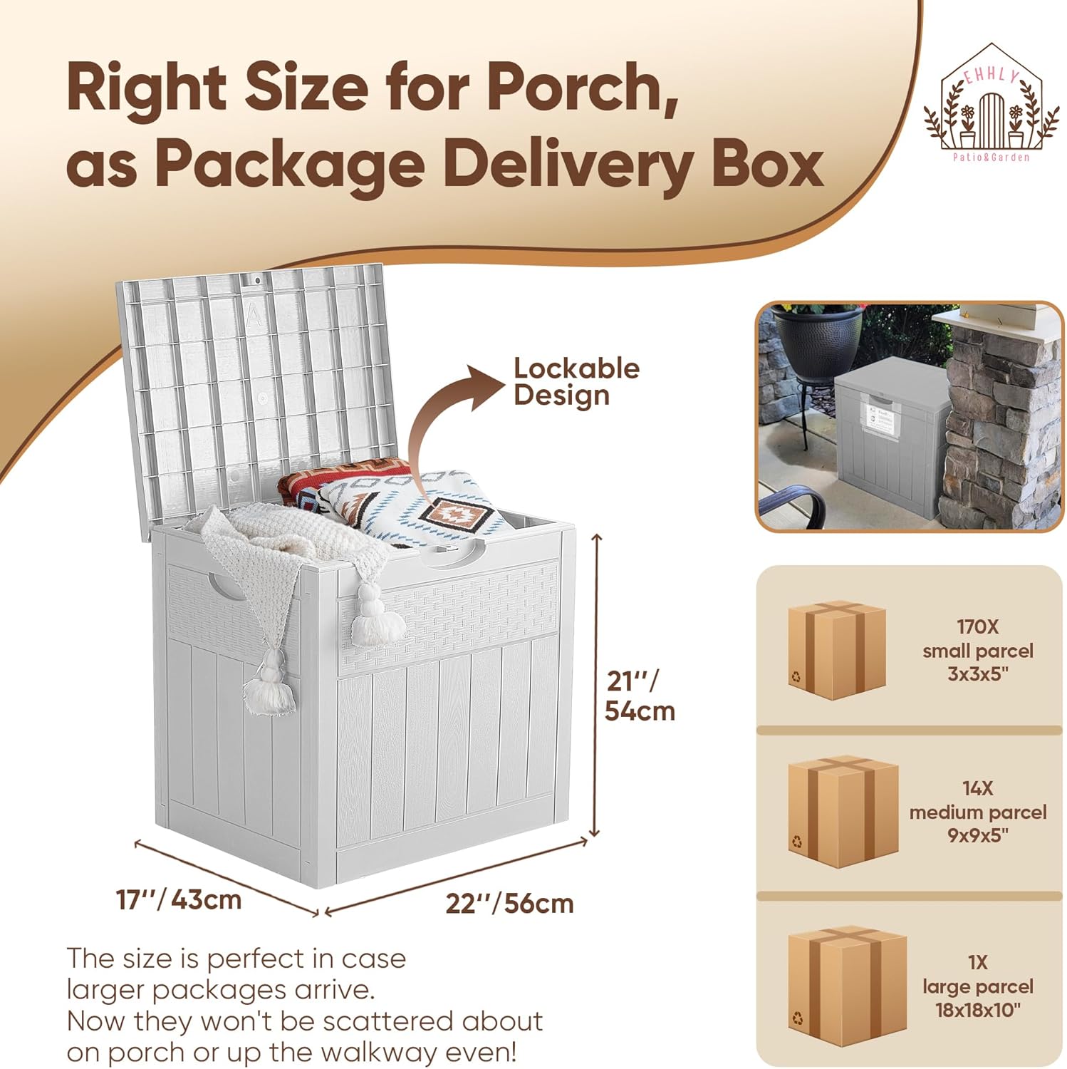 33 Gallon Deck Box, Small Outdoor Storage Box Waterproof, Lockable Secure Package Bin Delivery Box for Outside Front Porch, Patio Cushions Storage Box, Delivery Driver Snack Box for Porch, White