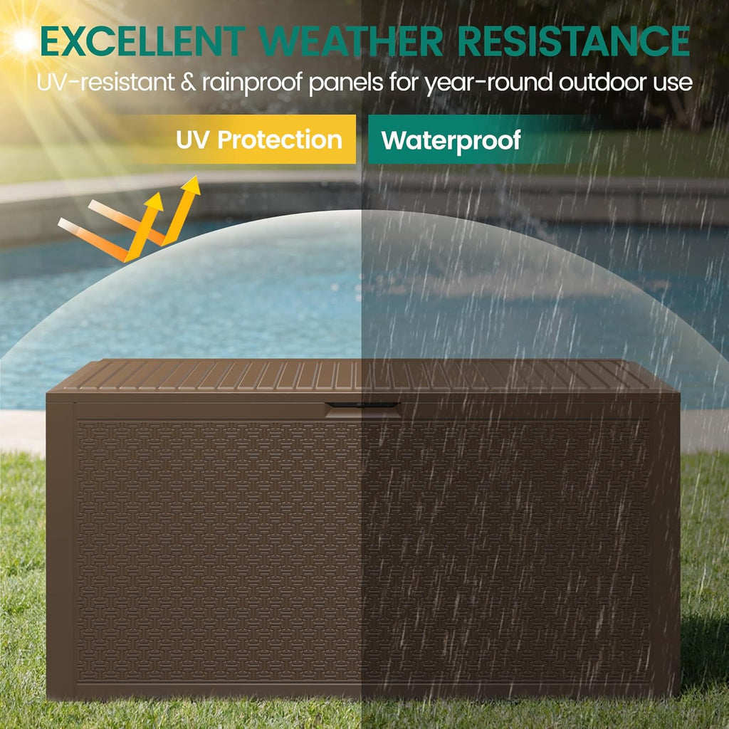90 Gallon Outdoor Deck Box, Waterproof Outdoor Storage Box, Durable Resin Bin for Patio Cushions, Garden Tools and Pool Accessories, Lockable with UV Protection, Brown, Patio Furniture