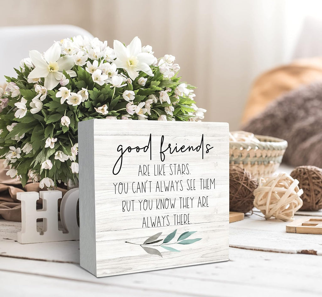 SRADMO Good Friends Are Like Stars Wood Box Sign Desk Decor, Inspirational Long Distance Friendship Wooden Block Box Sign Decoration For Home Bedroom Girls Room Office Shelf Table Decor
