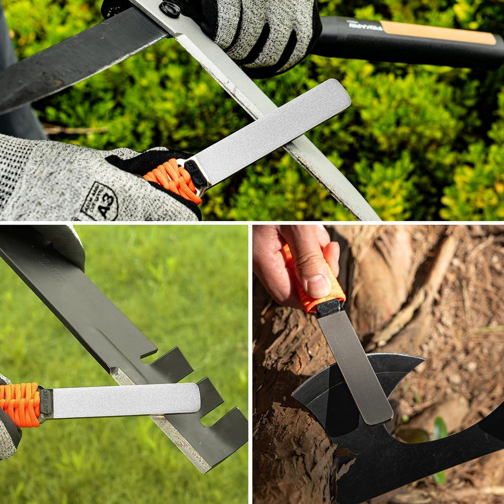 SHARPAL 181N Dual-Grit Diamond Sharpening Stone File Garden Tool Knife Sharpener with Leather Strop Coarse 325 / Extra Fine 1200 Grit for Lawn Mower Blade, Axe, Hatchet, Hedge Shears, Chisels, Drills
