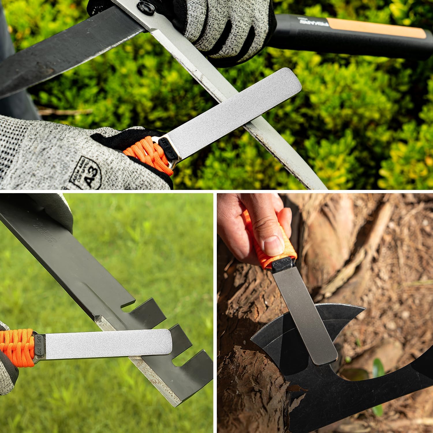 SHARPAL 181N Dual-Grit Diamond Sharpening Stone File Garden Tool Knife Sharpener with Leather Strop Coarse 325 / Extra Fine 1200 Grit for Lawn Mower Blade, Axe, Hatchet, Hedge Shears, Chisels, Drills