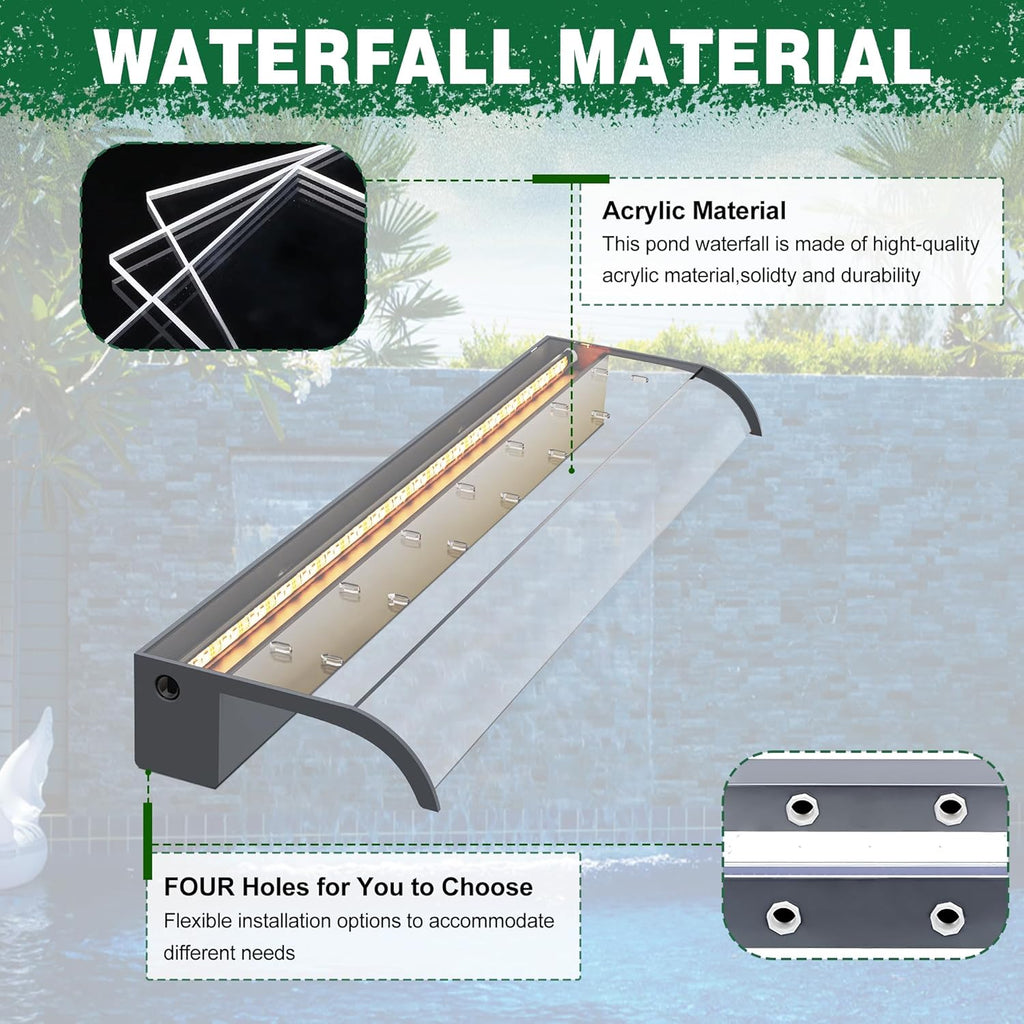 Pool Fountain, LONGRUN Waterfall Spillway for Koi Ponds - 35.4" Transparent Acrylic Waterfall for Swimming Pool, Garden Pond, Patios, Spa Decoration
