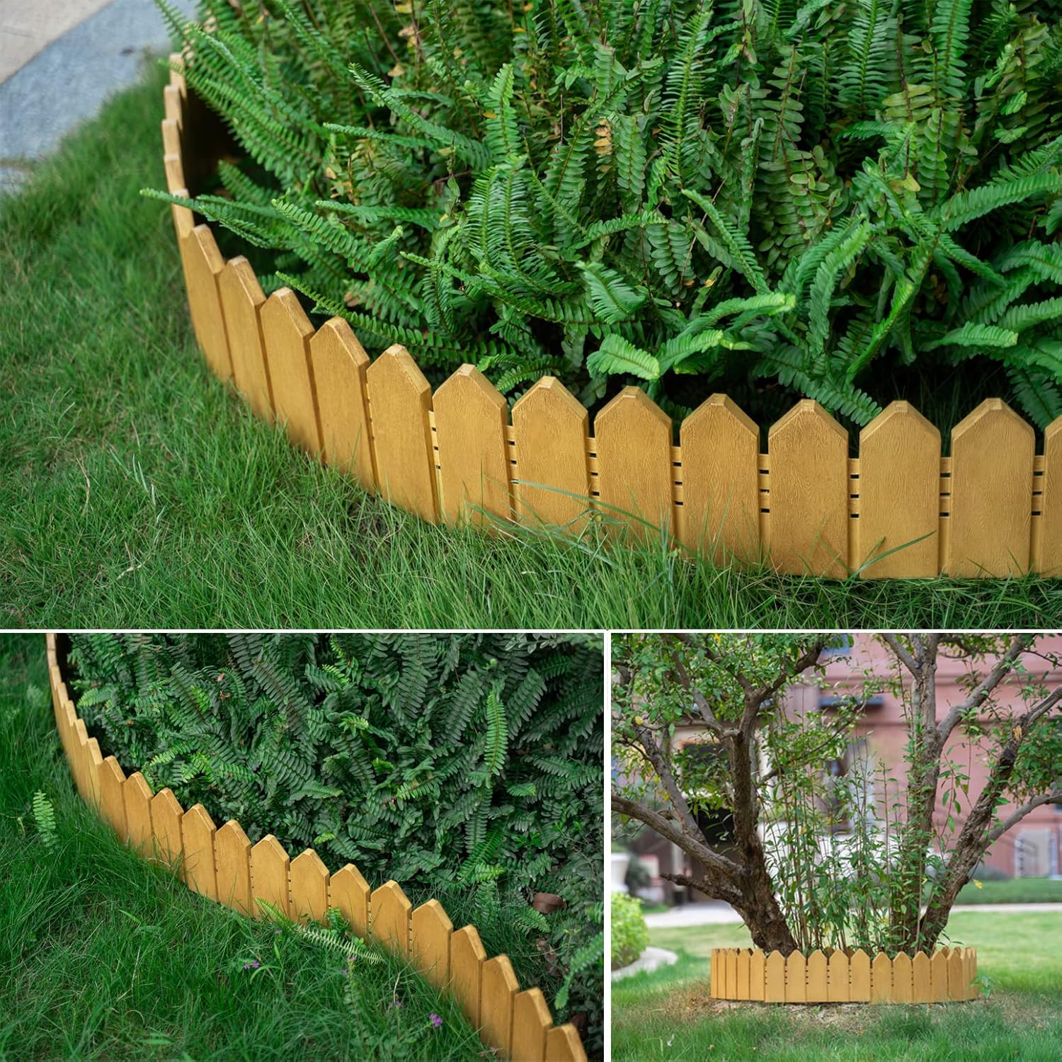 Landscape Edging Kit 6.7 in Tall Decorative Double-Sided Wood-Look Fence Garden Border, Flower Bed Edging with 30 Anchoring Spikes, 13.9 Foot Kit (Wood)