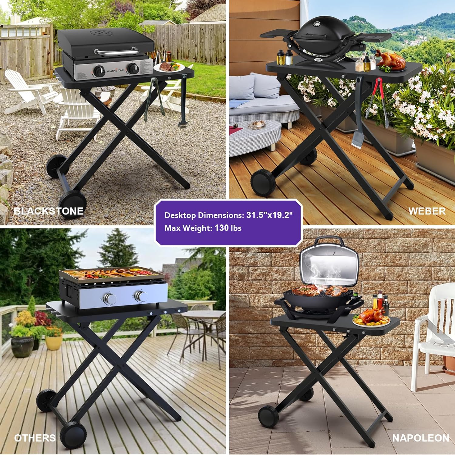 Portable Grill Table, Outdoor Prep Table with 2 Wheels, Pizza Oven Cart for Ninja Woodfire, Ninja Woodfire XL Pro, Weber Q, Ooni Table Top Grill, Folding Grill Cart for Picnic, Camping, RV