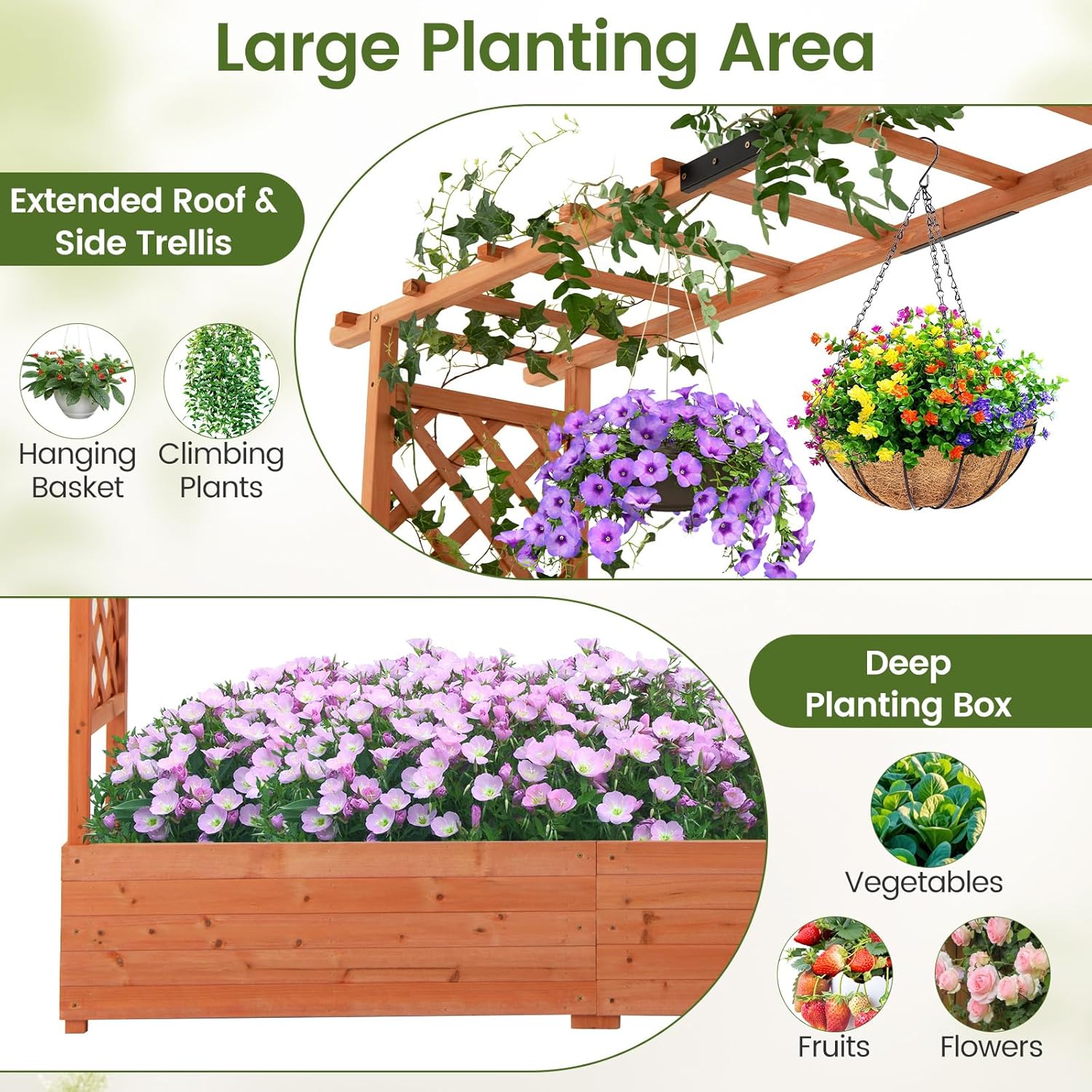 S AFSTAR 2 Pieces Raised Garden Beds with Arch Trellis, Hanging Roof & Drainage Holes, 77-Inch Vertical Plant Container for Vine Climbing Plant Flower, Outdoor Wood Elevated Planter Box for Garden