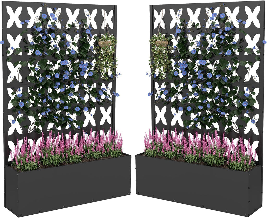 2PCS Metal Planter Box with Trellis,70.9"x47.2"x15.7" Raised Garden Bed with Drainage Holes, Privacy Planters for Outdoor Garden Bed for Climbing Plants,Vegetables,and Vines, Black-X