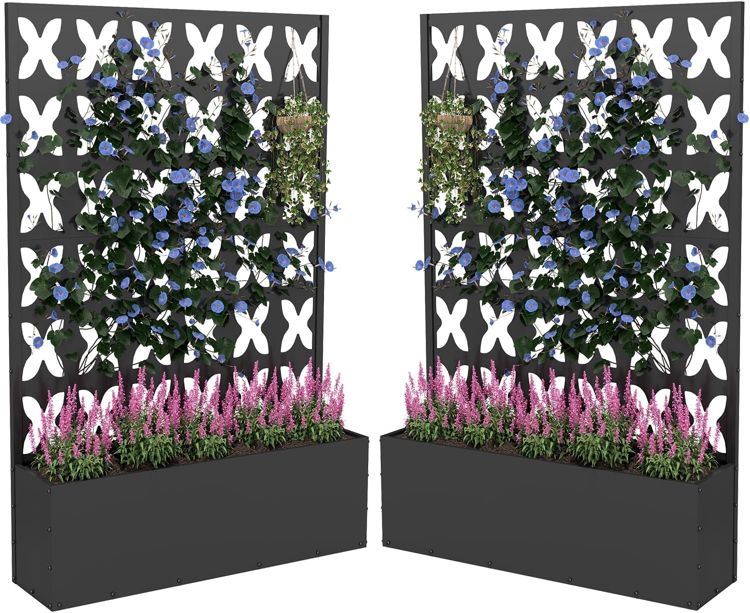 2PCS Metal Planter Box with Trellis,70.9"x47.2"x15.7" Raised Garden Bed with Drainage Holes, Privacy Planters for Outdoor Garden Bed for Climbing Plants,Vegetables,and Vines, Black-X