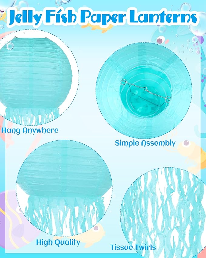 18 Pcs Jellyfish Paper Lanterns Mermaid Birthday Decorations Hanging Lantern Lamps for Ocean Theme Decor Under The Sea Party Supplies