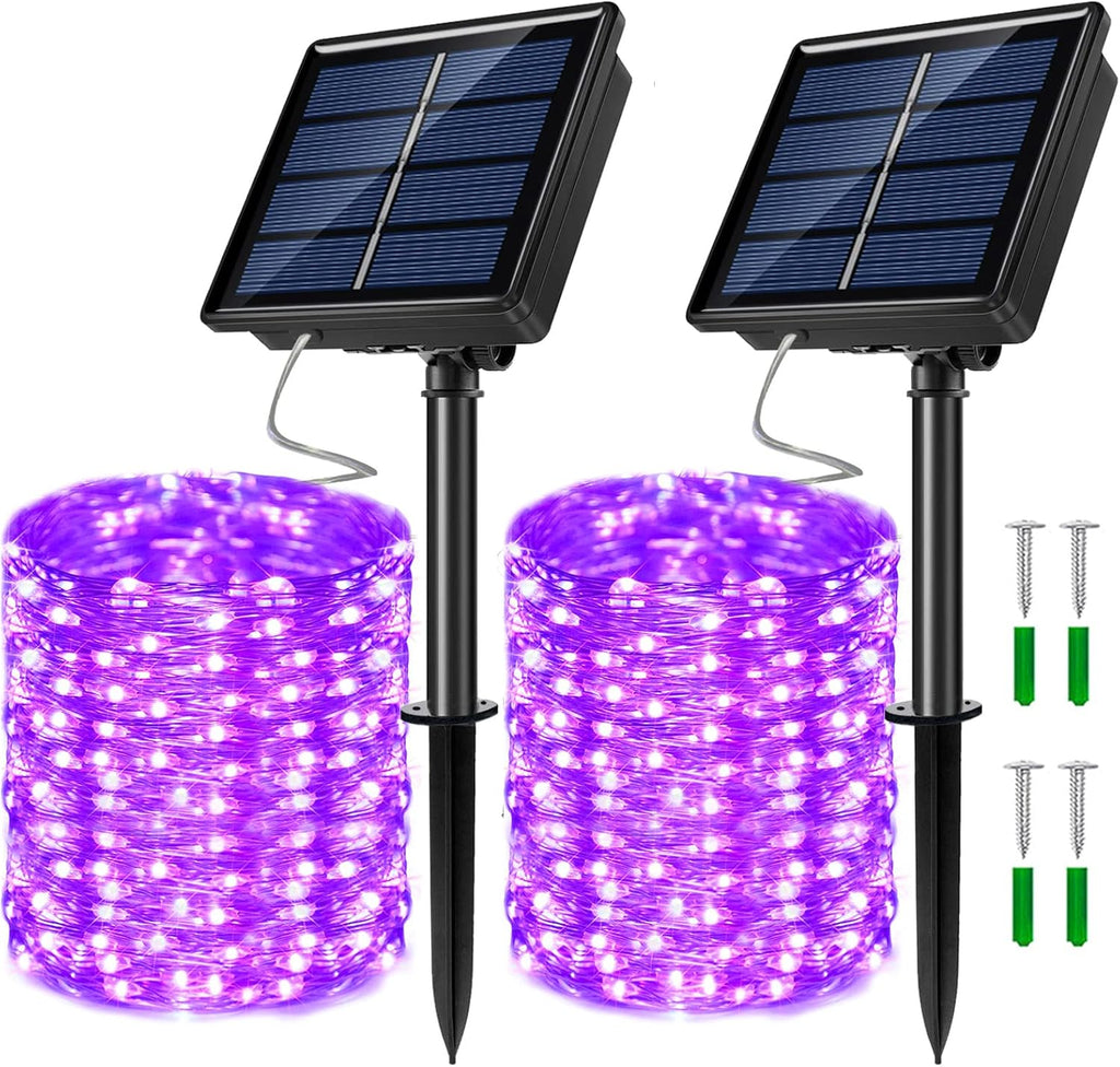 2 Pack Solar Powered Fairy String Lights Outdoor Waterproof 8 Modes Twinkle Christmas Decorations Lights, Each 33ft-100LED, 40ft-120LED, 66ft-200LED, 80ft-240LED, (Purple, 33)