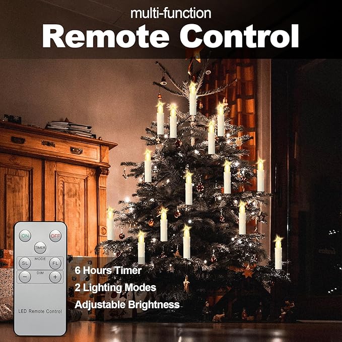 LED Christmas Candles, Flickering Clip on Candles for Christmas Tree, Battery Operated with Remote Timer, Warm White Light, Flameless Taper Candles for Home Christmas Decor, Set of 30