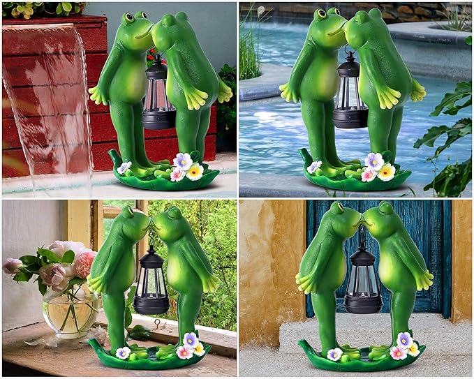 Solar Frogs Statue for Easter Garden Decor Solar Lantern LED Outdoor Decoration Figurines for Porch Patio,Yard,Lawn - Frog Gifts for Women Mom Grandma Wife (Kiss Frog)