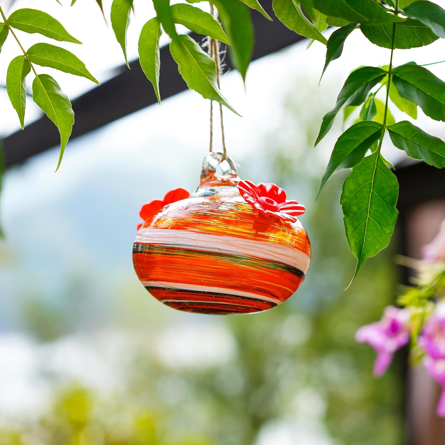 Small Glass Hummingbird Feeders for Outdoors Hanging Blown Glass Ball Humming Birds Feeder with 2 Feeding Ports for Outside Garden Patio Decor for Window