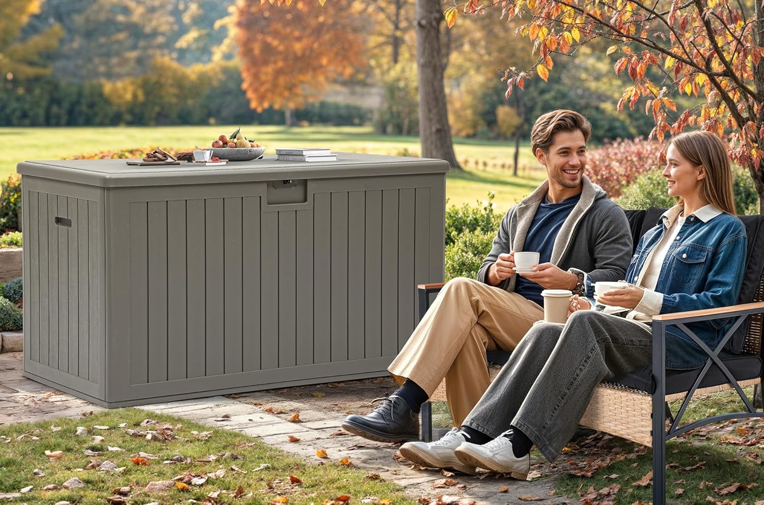 YITAHOME 200 Gallon Extra Large Deck Box, Double-Wall Resin Outdoor Storage Box with Flexible Divider for Patio Cushions Pool Supplies Garden Tools, 990 lbs Load Capacity, Lockable (Light Brown)