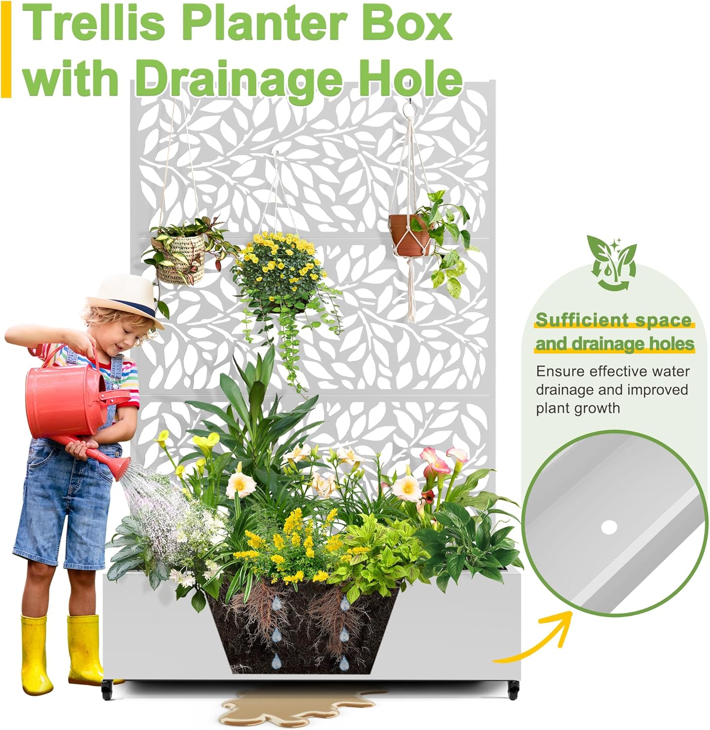 FENCY Metal Raised Garden Bed with Wheels and Trellis,73"x47"x16" Planter Box for Climbing Plants, Vegetables & Vines, Features Privacy Screen and Drainage Holes (White-Leaf-2)