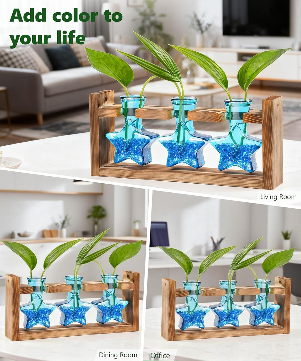 Nacome Plant Terrarium with Wooden Stand,Star-Shaped Planter Propagation Station Glass Vase for Home Office Decor- Unique Gifts for Plant Lovers Women Mom(Blue)