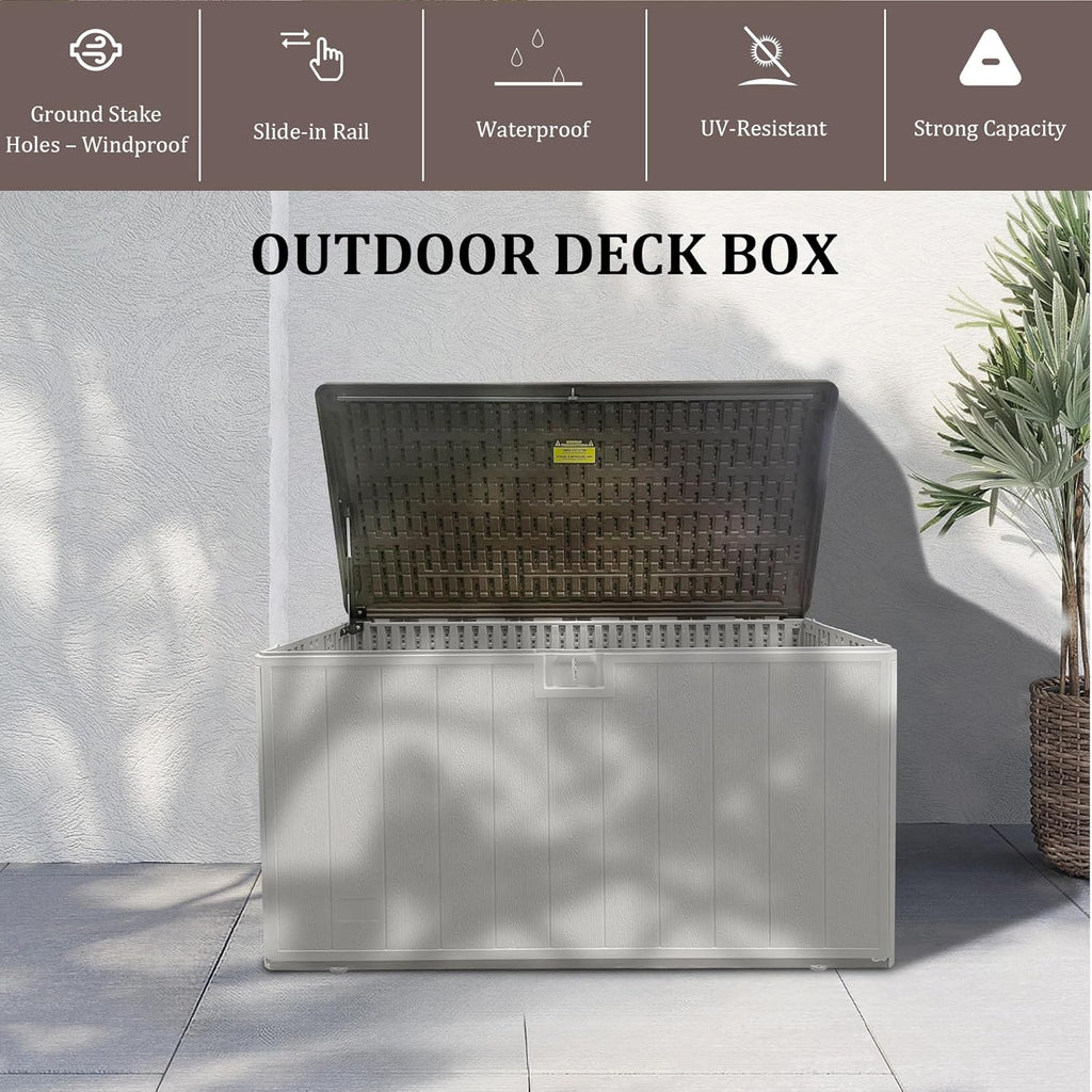 Premium Pro Edition 110 Gallon Lockable Resin Deck Box, Waterproof & UV-Resistant Outdoor Storage Box for Outdoor Cushion Storage, Garden Tools & Pool Accessories Storage, White