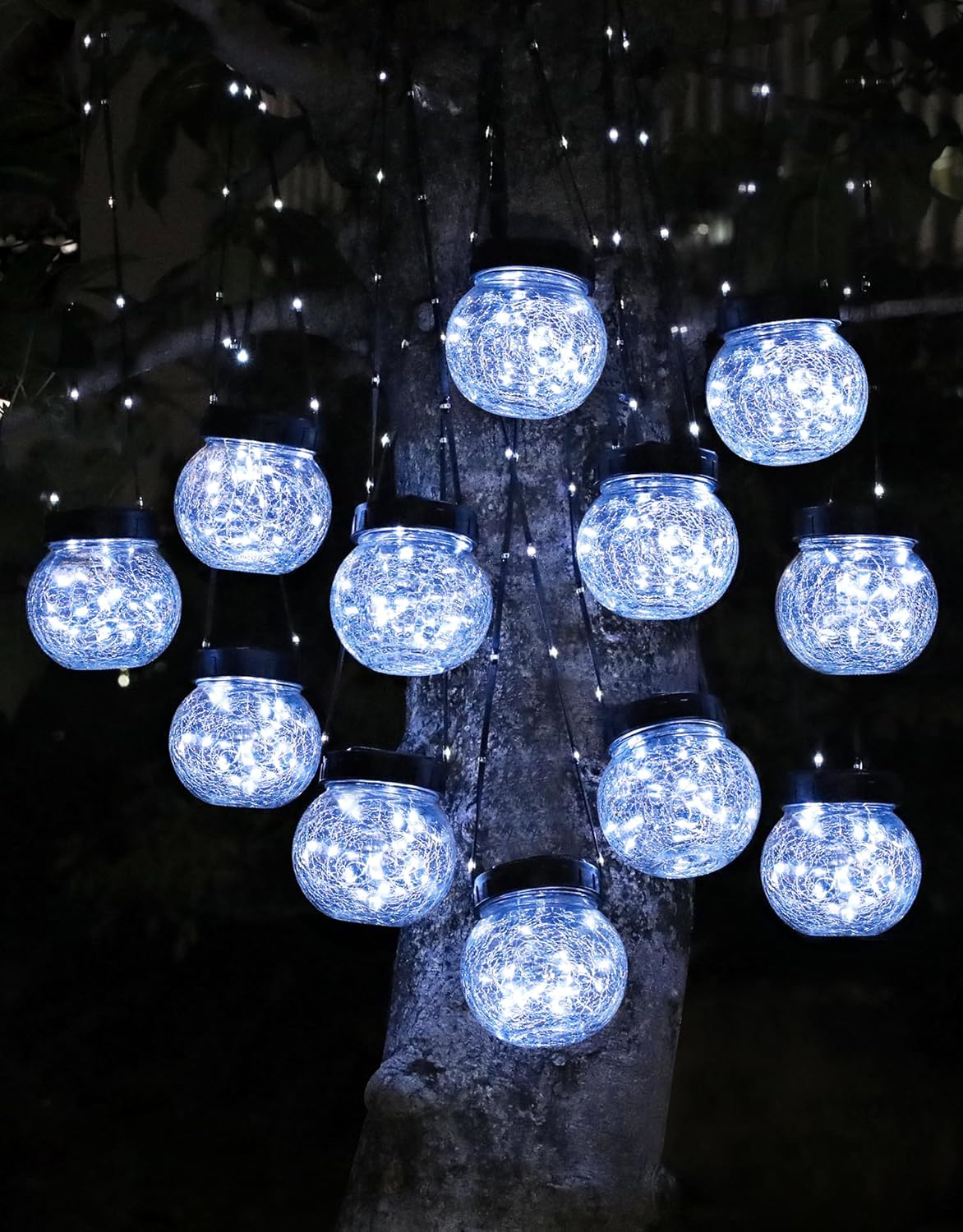 PARTPHONER Solar Lights Outdoor Waterproof 12-Pack, Solar Powered Hanging Lantern Cracked Glass Hanging Globes for Yard Decor Christmas Decoration, Shepherd Hook, Garden Tree Ornaments, Cold White