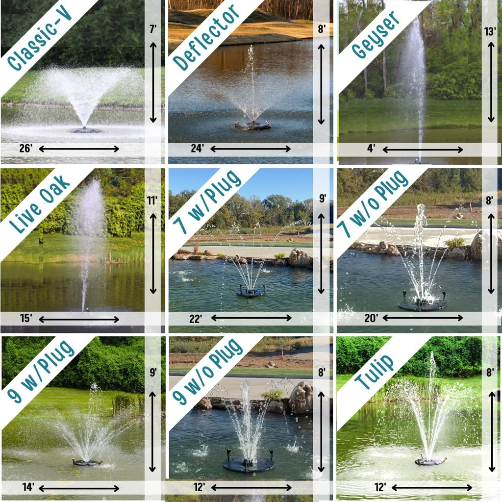 HALF OFF PONDS Floating Fountain – 1/2 HP Pond Aerator, 100' Cord – 6,100 GPH Water Pump – 9 Spray Patterns - White LED Lights - for Ponds & Water Gardens