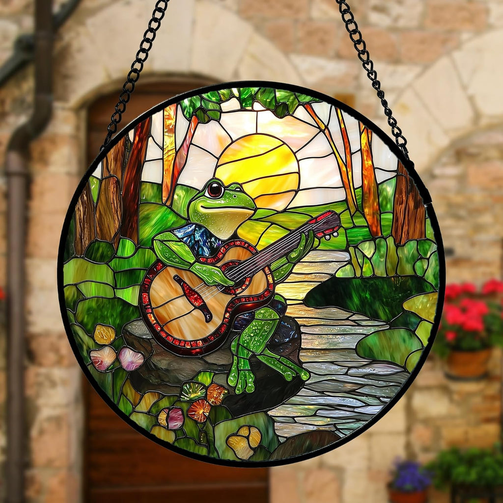 Stained Glass Window Hanging, Frog Playing Guitar Suncatcher Diamond Glass Panel Funny Sun Catchers Decor for Birthday for Women, Men, Wife, Aunt, and Mom 11.8x11.8 in