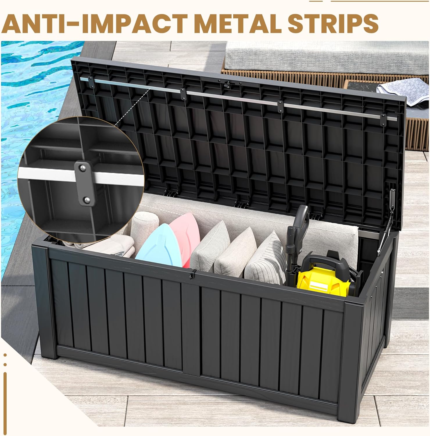 Deck Box, 120 Gallon Outdoor Storage Box Lockable Patio Waterproof for Furniture, Garden Tools, Sports Equipment and Pool Supplies, Waterproof, Resin, Lockable