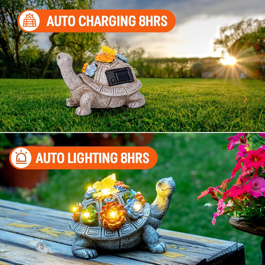 Solar Garden Outdoor Statues with Succulent and 7 LED Lights - Lawn Decor Tortoise Statue for Patio, Balcony, Yard Ornament - Unique Housewarming Gifts (Grey Turtle)