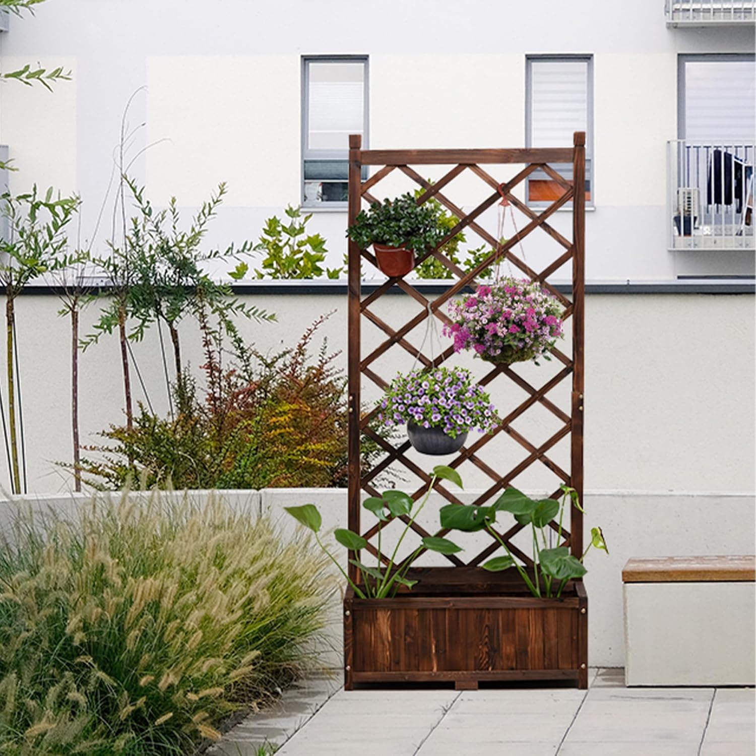 Anraja Raised Garden Bed Planter with Trellis Outdoor Wood Box 67in Flower Standing Planter Box Privacy Lattice Panels with Legs for Patio Porch w/Drainage Holes 29.5" L x 17.0" W x 67.0" H
