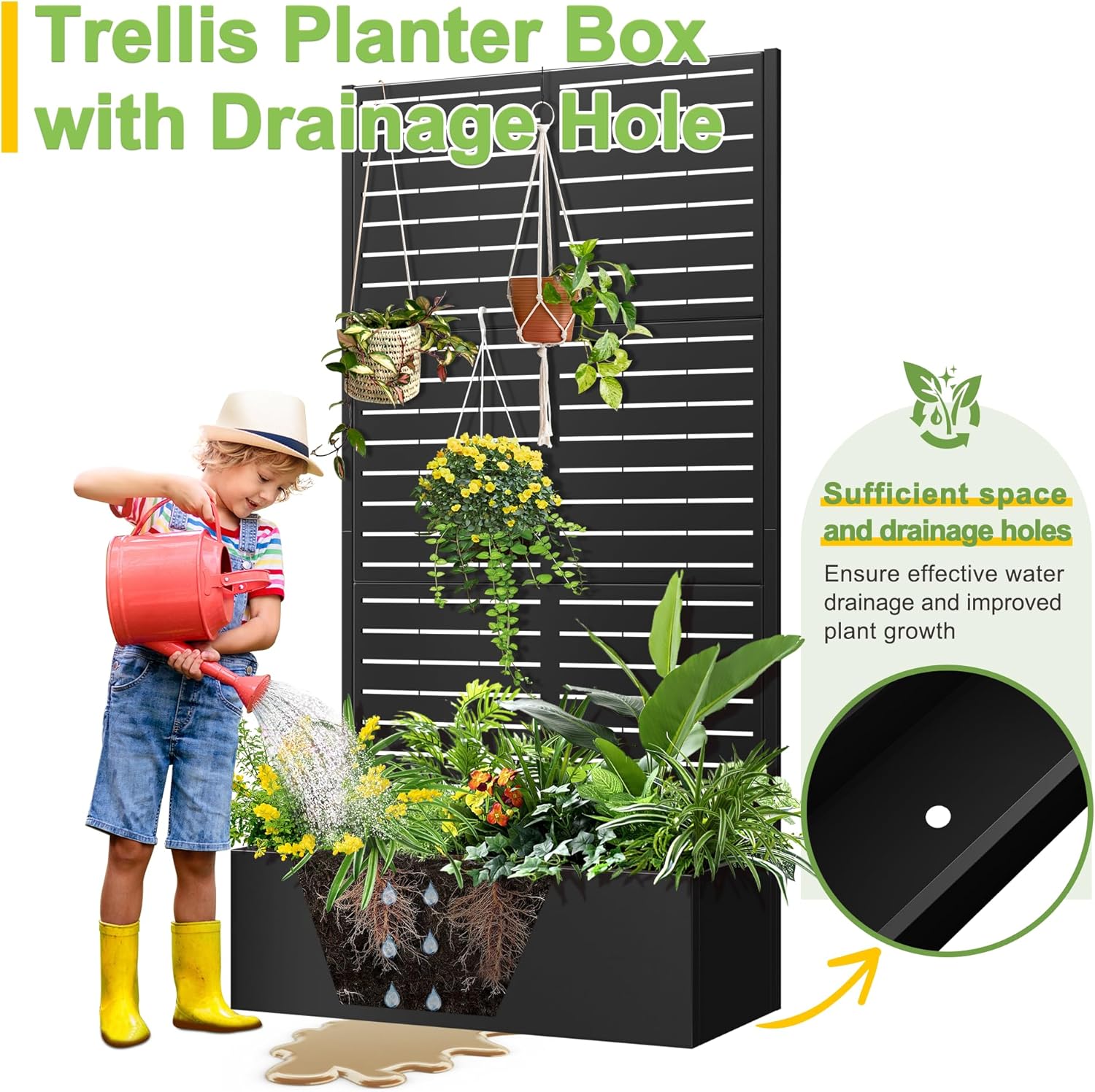 FENCY Metal Raised Garden Bed with Trellis, Metal Planter Box with Trellis, Garden Box for Climbing Plants Vegetable, 35" Lx16 Wx71 H Garden Bed with Drainage Holes(Black-Louvered)